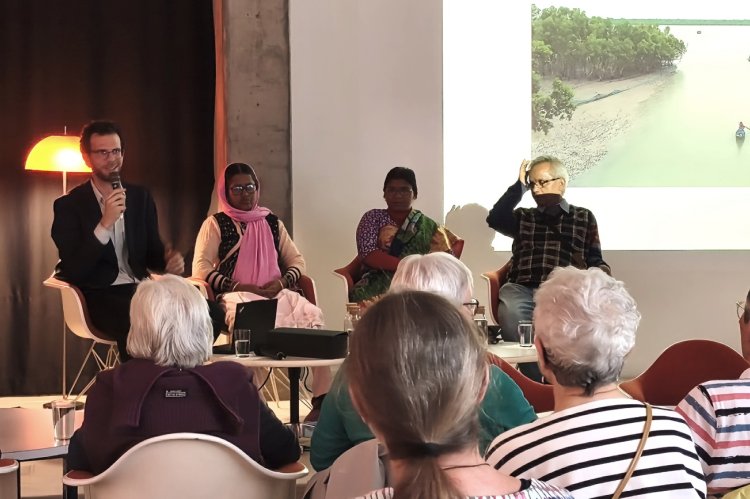Die Gäste aus Bangladesch berichteten über die Folgen der Klimakrise in ihrem  Land und ihre Erfahrungen mit Anpassungsstrategien.  Von links nach rechts: Jamuna Rani, Sukanto Sen, Asmaul Husna.  Foto: Dagmar Leboch
