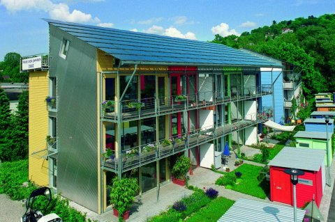 Baugemeinschaften (Vauban, Friburgo), Quelle: https://commons.wikimedia.org/ wiki/Category:Solarsiedlung_Freiburg#/media/File:SSHaus.jpg