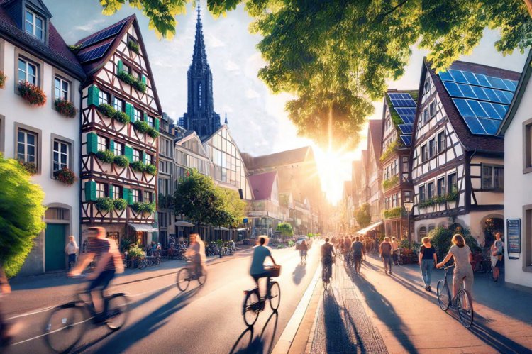 Die Initiative LocalZero Ulm will den Klimaschutz in Ulm voranbringen. Hier eine KI-Vision, wie die Ulmer Innenstadt 2030 aussehen könnte. Quelle : LocalZero Ulm