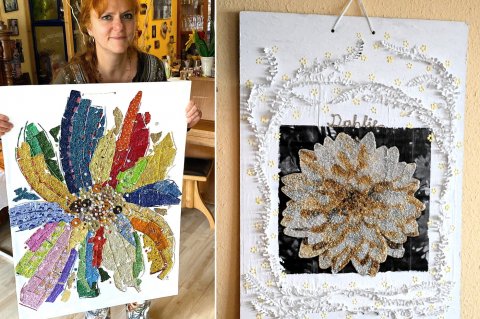 Renate Dreiheller zeigt in ihrer Traumwerkstatt24 ihre Bilder „Blüten“ und "Dahlie". Fotos: Stefan Loeffler 